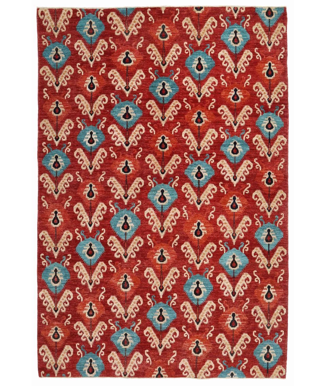 Hand Knotted Ikat Wool Rug - 6'6'' x 9'6'' 6' 6" X 9' 6" ( 198 X 290 ) / Red / Teal