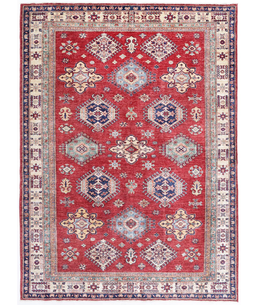 Hand Knotted Royal Kazak Wool Rug - 5'6'' x 7'5'' 5' 6" X 7' 5" ( 168 X 226 ) / Red / Ivory