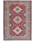 Hand Knotted Royal Kazak Wool Rug - 5'6'' x 7'11'' 5' 6" X 7' 11" ( 168 X 241 ) / Red / Ivory