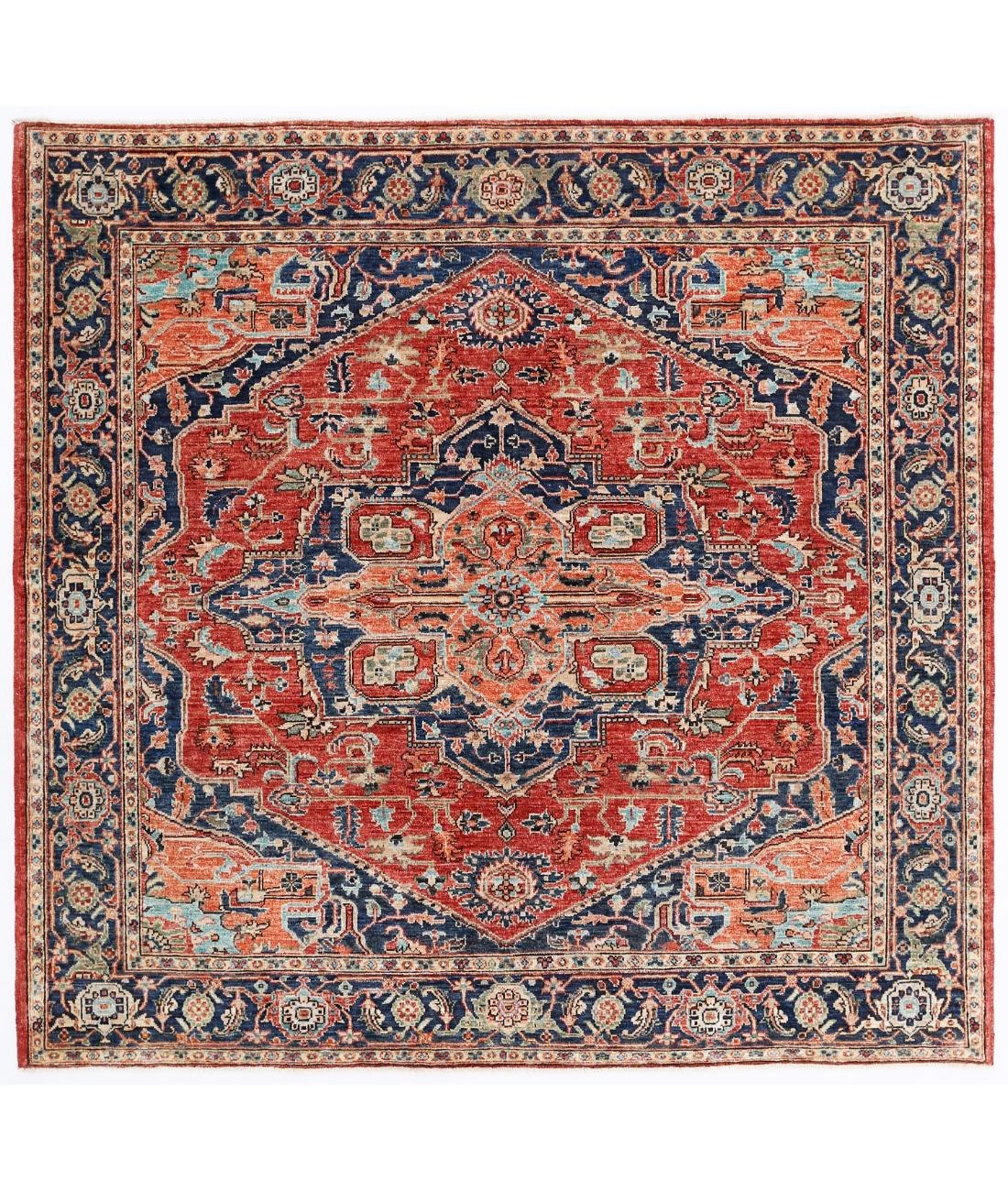 Hand Knotted Heriz Wool Rug - 5'8'' x 5'11'' 5' 8" X 5' 11" ( 173 X 180 ) / Red / Blue