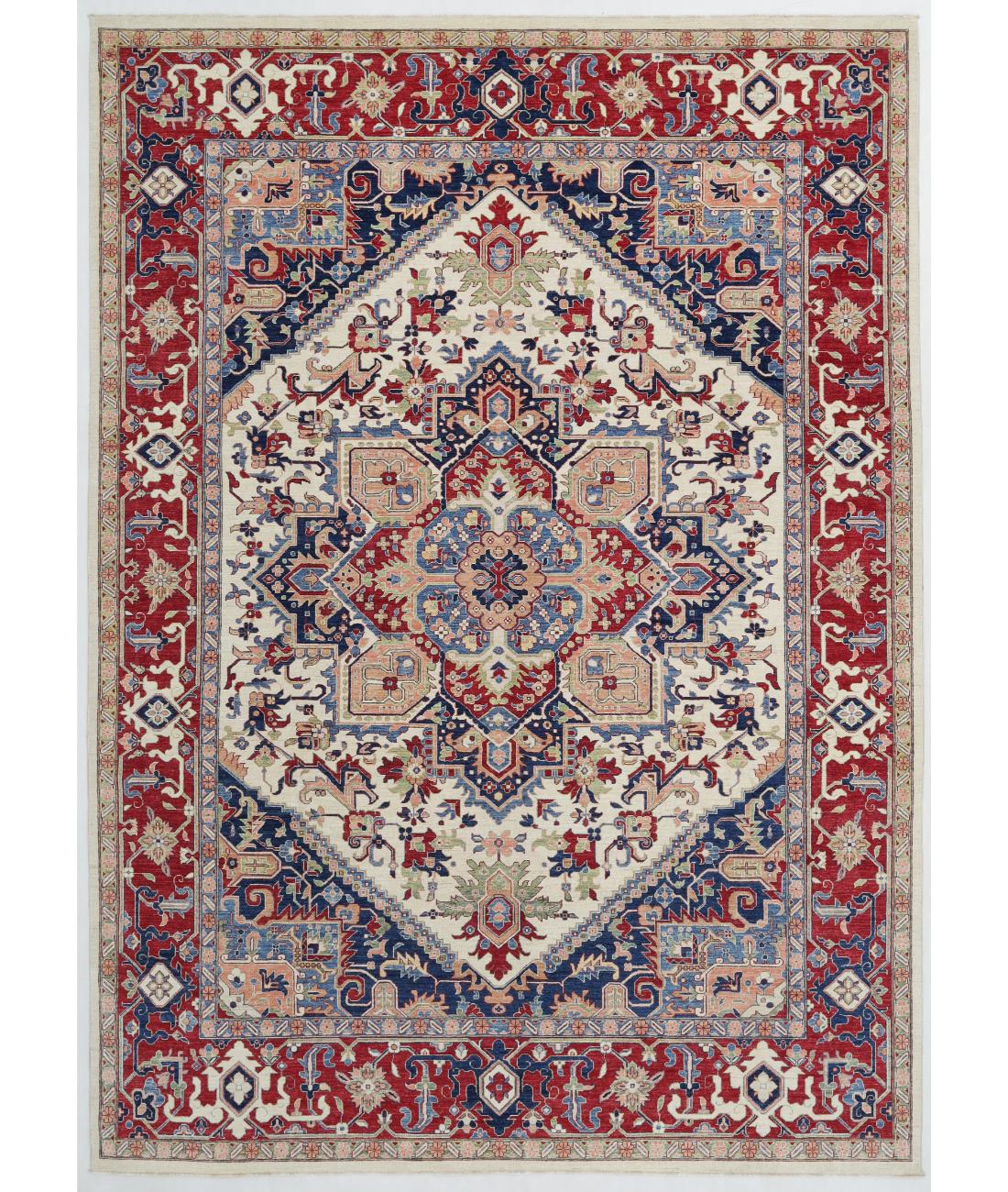 Hand Knotted Heriz Wool Rug - 9'10'' x 13'7'' 9' 10" X 13' 7" ( 300 X 414 ) / Ivory / Red