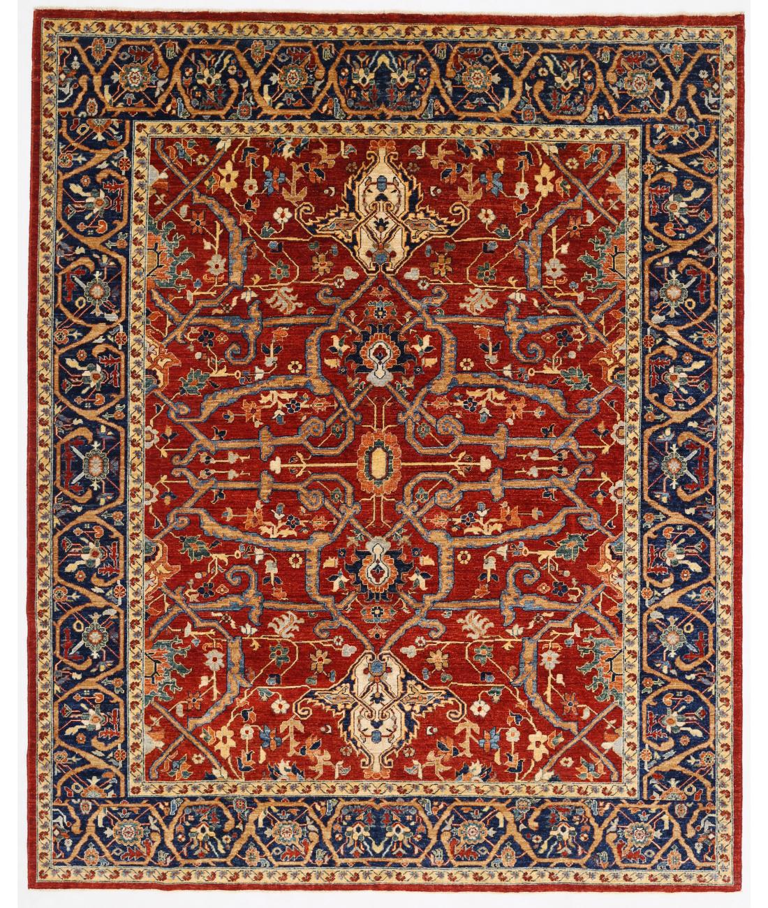 Hand Knotted Heriz Wool Rug - 8'1'' x 9'9'' 8' 1" X 9' 9" ( 246 X 297 ) / Red / Blue