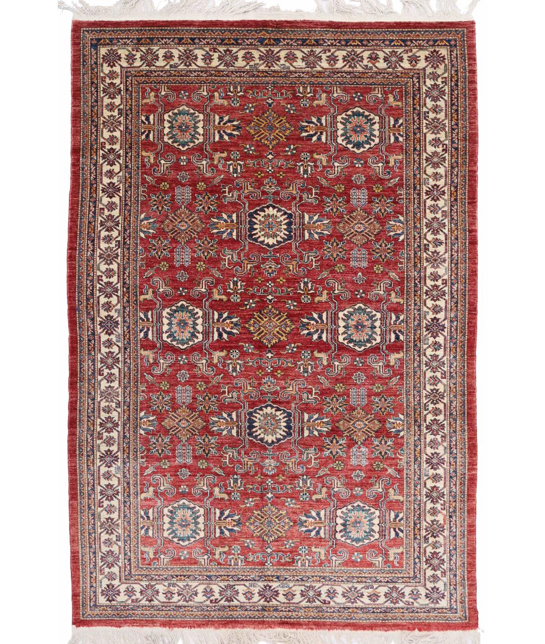 Hand Knotted Royal Kazak Wool Rug - 5'10'' x 9'1'' 5' 10" X 9' 1" ( 178 X 277 ) / Red / Ivory