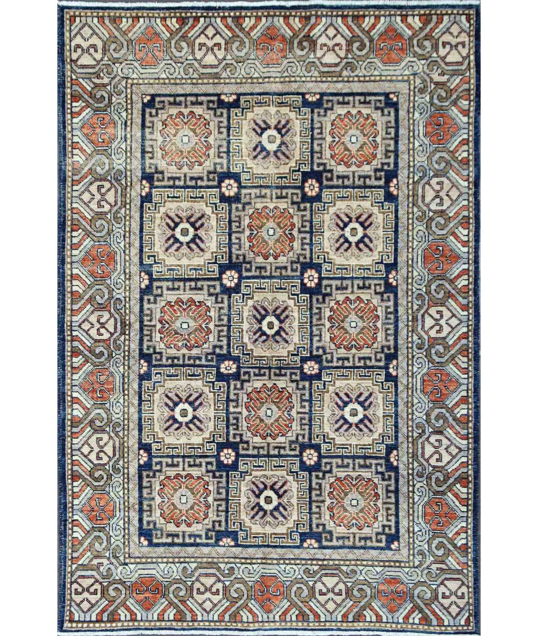 Hand Knotted Khotan Wool Rug - 4'10'' x 7'1'' 4' 10" X 7' 1" ( 147 X 216 ) / Blue / Ivory