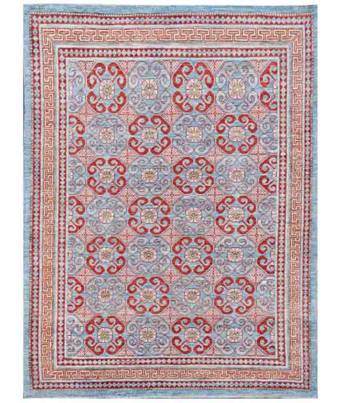 Hand Knotted Khotan Wool Rug - 5'0'' x 6'9'' 5' 0" X 6' 9" ( 152 X 206 ) / Blue / Rust