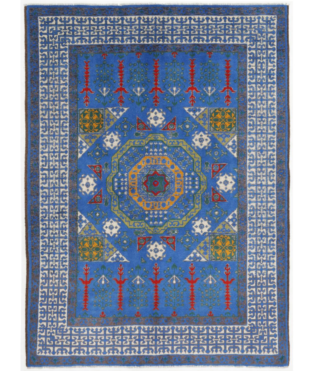 Hand Knotted Akcha Revival Wool Rug - 5'8'' x 7'10'' 5' 8" X 7' 10" ( 173 X 239 ) / Blue / Ivory