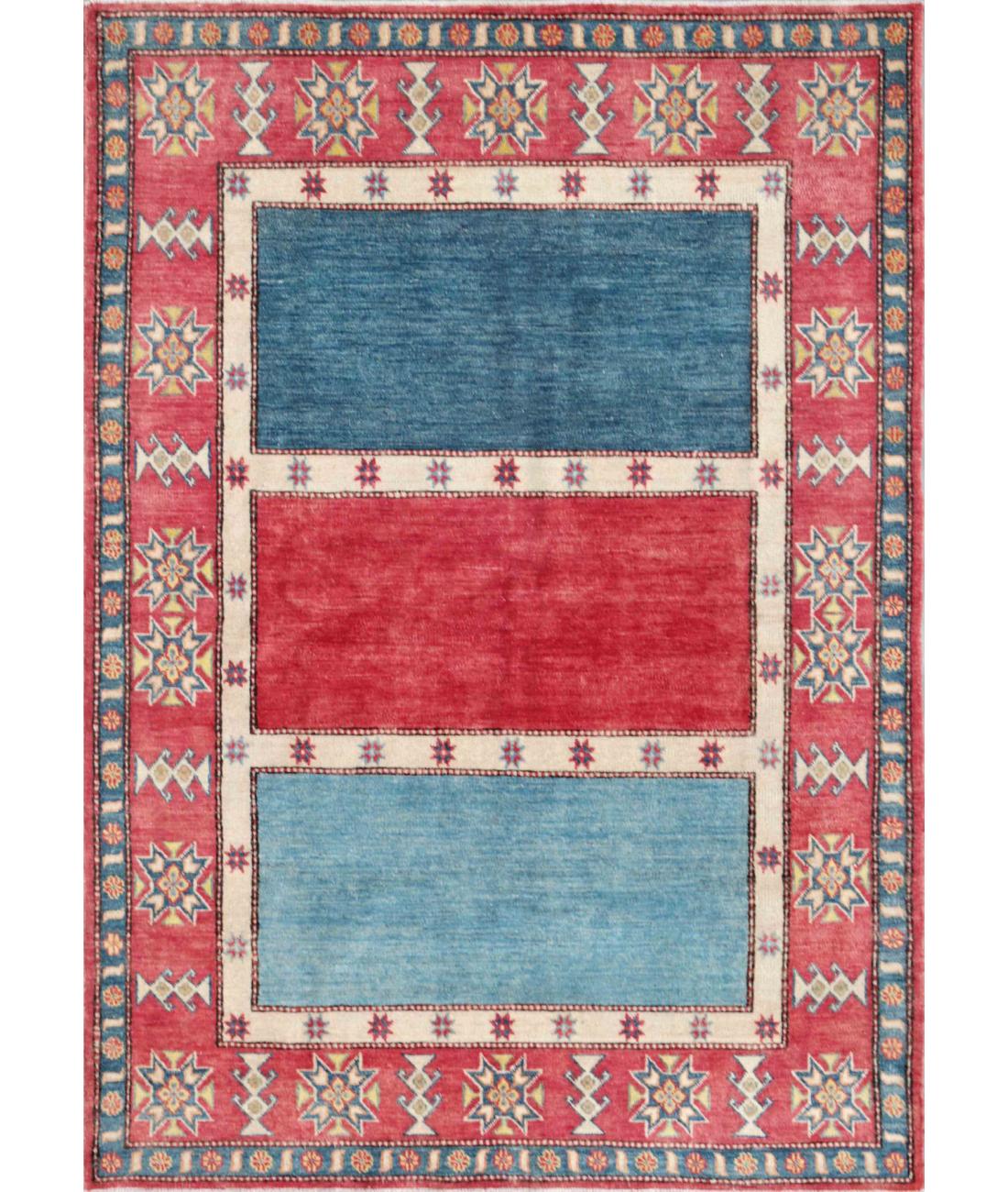 Hand Knotted Tribal Kazak Wool Rug - 5'7'' x 7'10'' 5' 7" X 7' 10" ( 170 X 239 ) / Red / Blue