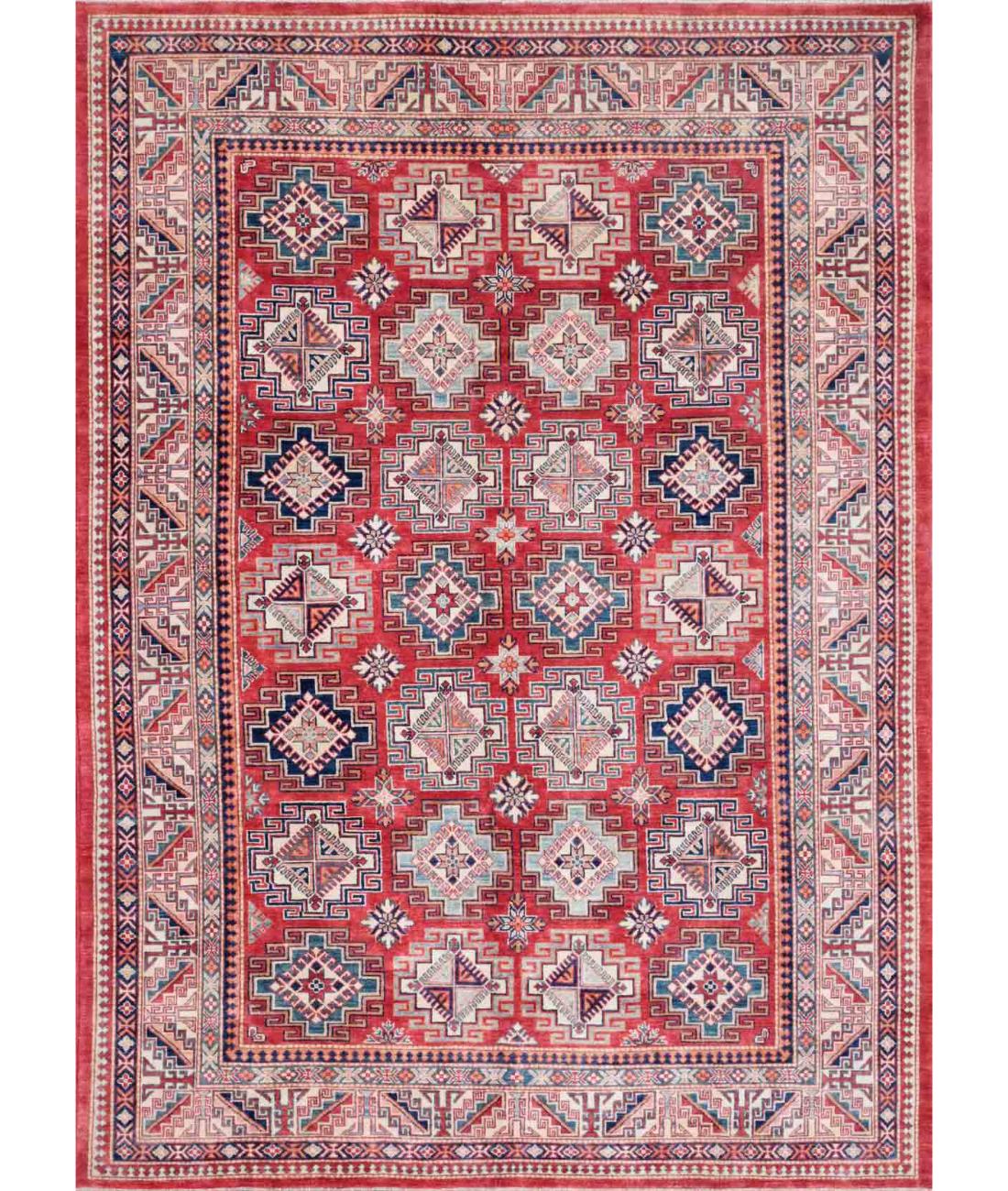 Hand Knotted Tribal Kazak Wool Rug - 9'0'' x 12'6'' 9' 0" X 12' 6" ( 274 X 381 ) / Red / Ivory