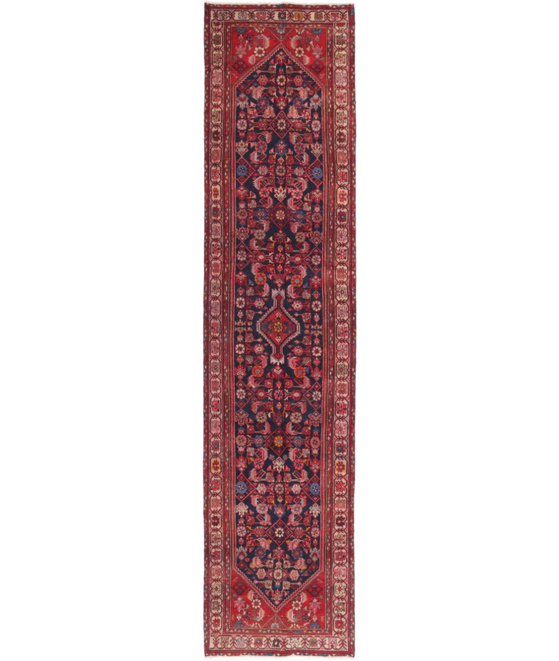 Hand Knotted Persian Hamadan Wool Rug - 3'7'' x 15'11'' 3' 7" X 15' 11" ( 109 X 485 ) / Blue / Ivory