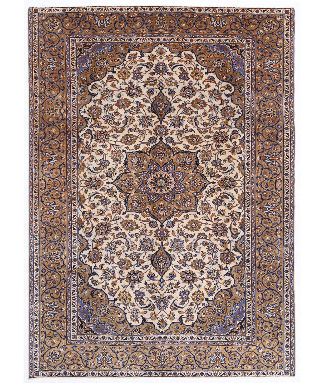 Hand Knotted Persian Kashan Wool Rug - 7'2'' x 10'0'' 7' 2" X 10' 0" ( 218 X 305 ) / Ivory / Brown