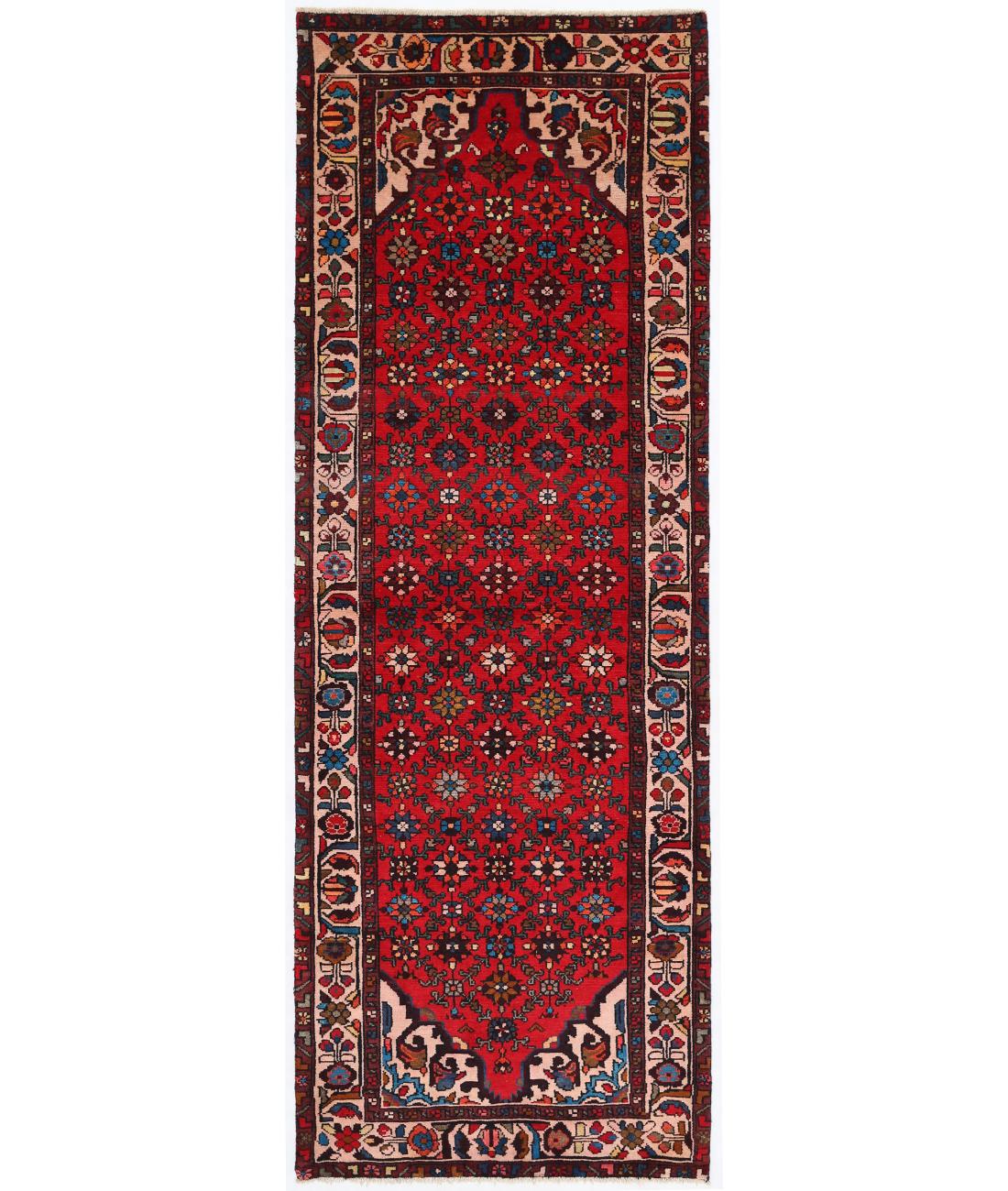Hand Knotted Persian Hamadan Wool Rug - 3'6'' x 9'10'' 3' 6" X 9' 10" ( 107 X 300 ) / Red / Ivory