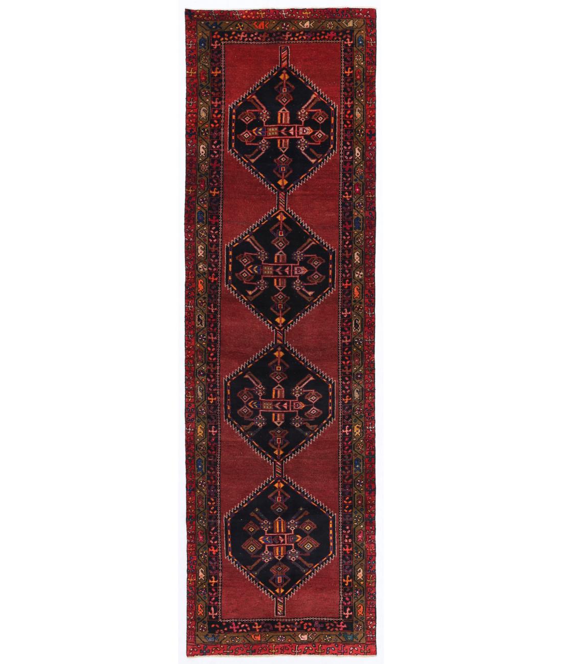 Hand Knotted Persian Hamadan Wool Rug - 3'7'' x 12'6'' 3' 7" X 12' 6" ( 109 X 381 ) / Red / Black