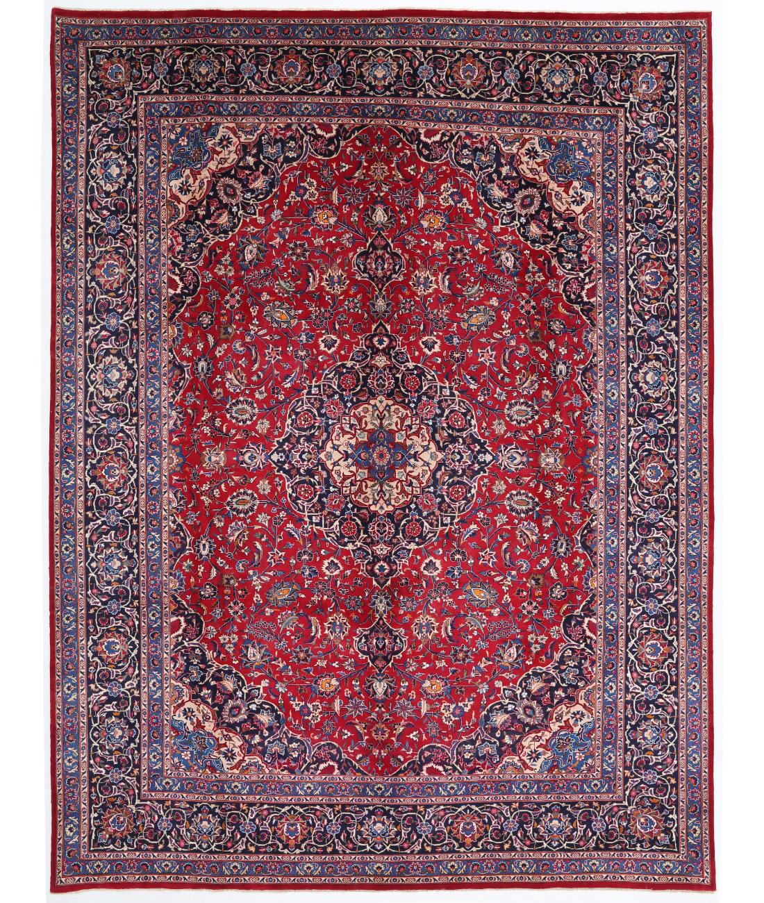 Hand Knotted Persian Mashad Wool Rug - 9'8'' x 12'8'' 9' 8" X 12' 8" ( 295 X 386 ) / Red / Blue