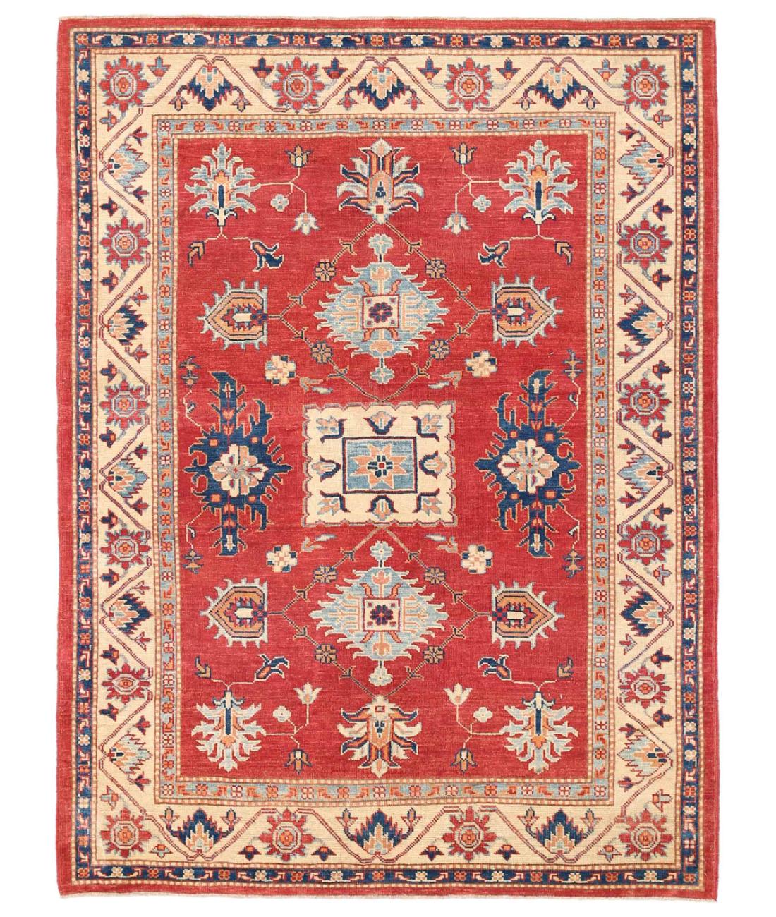 Hand Knotted Tribal Kazak Wool Rug - 5'0'' x 6'10'' 5' 0" X 6' 10" ( 152 X 208 ) / Blue / Ivory