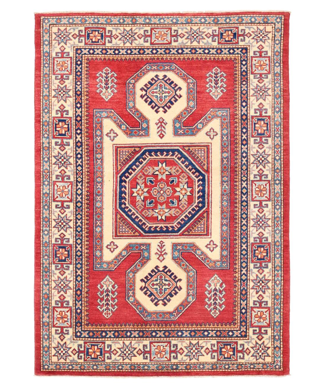 Hand Knotted Tribal Kazak Wool Rug - 4'8'' x 6'8'' 4' 8" X 6' 8" ( 142 X 203 ) / Red / Ivory