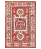 Hand Knotted Tribal Kazak Wool Rug - 4'4'' x 6'9'' 4' 4" X 6' 9" ( 132 X 206 ) / Red / Ivory