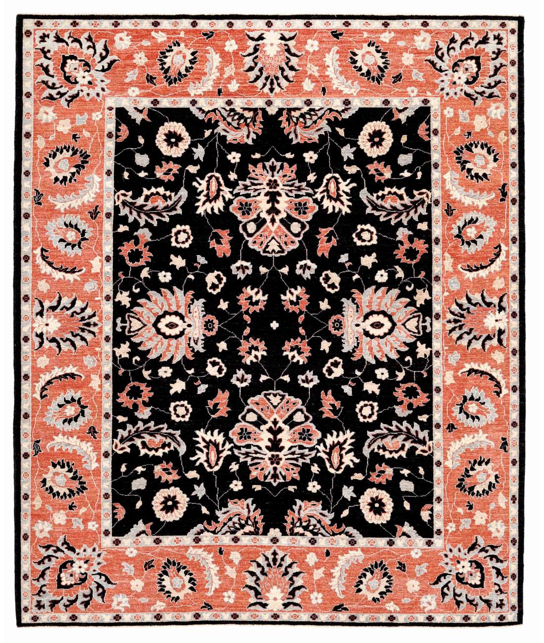 Hand Knotted Ziegler Farhan Wool Rug - 8'5'' x 9'11'' 8' 5" X 9' 11" ( 257 X 302 ) / Black / Peach