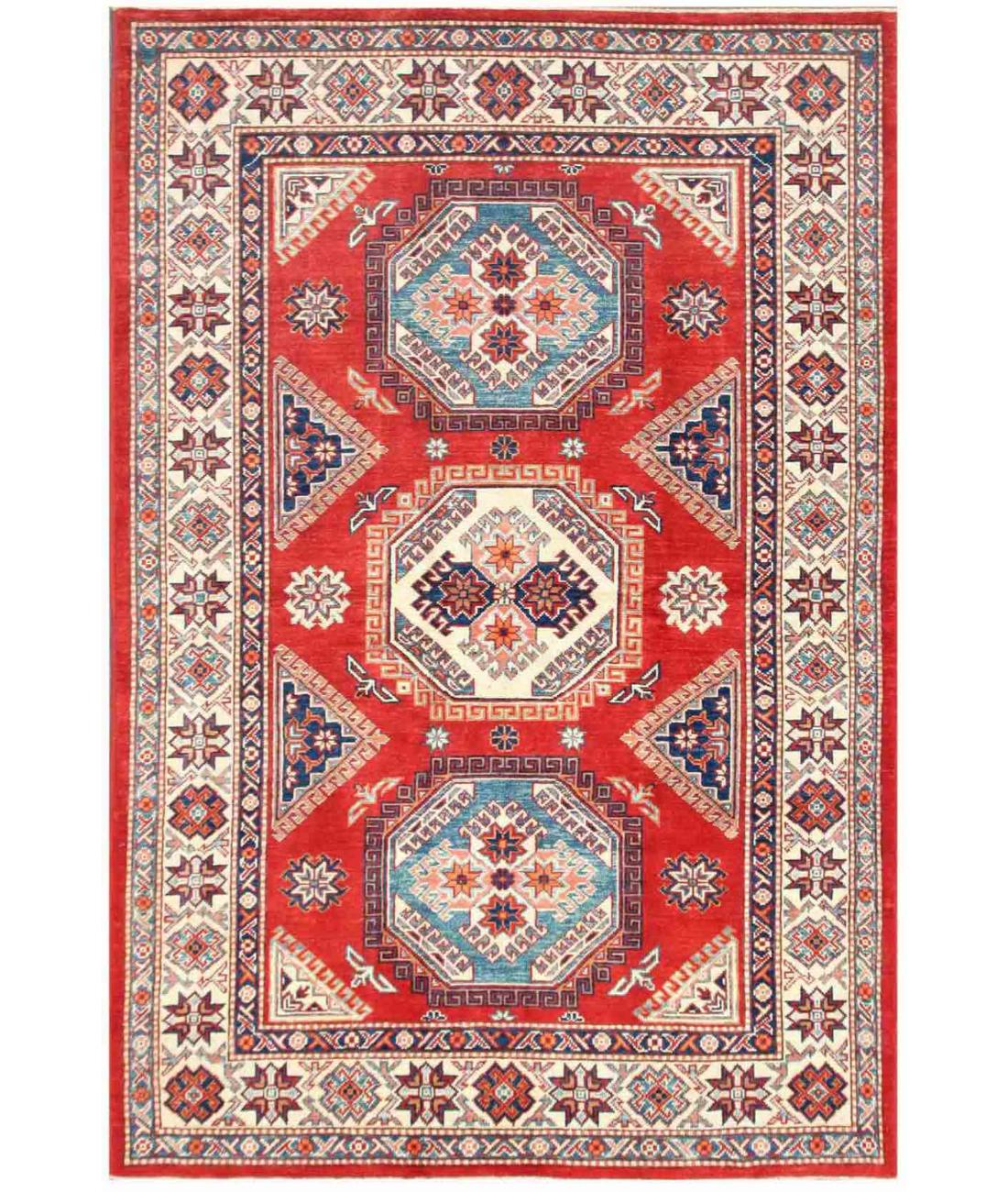 Hand Knotted Tribal Kazak Wool Rug - 5'5'' x 7'1'' 5' 5" X 7' 1" ( 165 X 216 ) / Red / Ivory