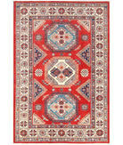 Hand Knotted Tribal Kazak Wool Rug - 5'5'' x 7'1'' 5' 5" X 7' 1" ( 165 X 216 ) / Red / Ivory