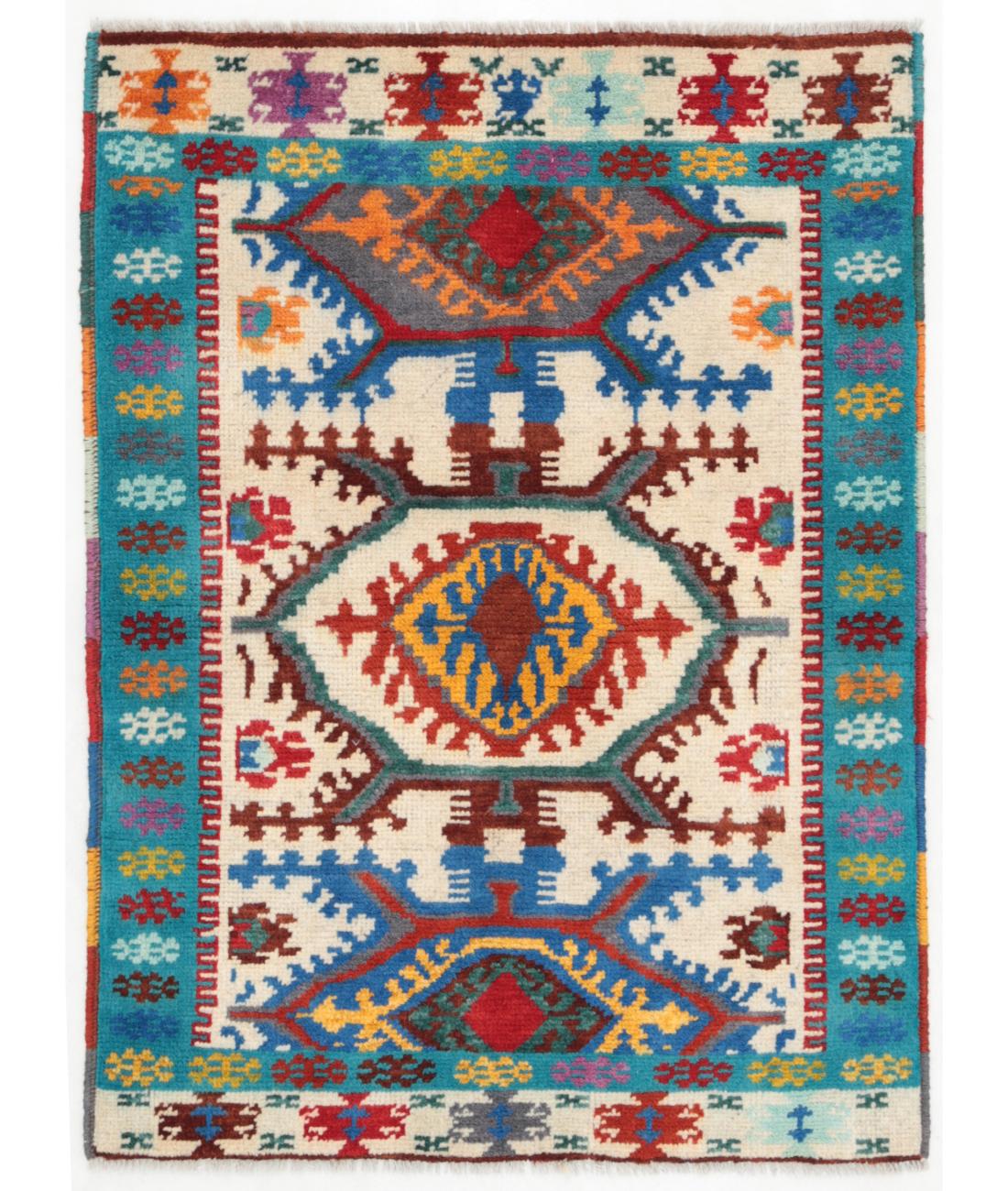 Hand Knotted Baluch Revival Wool Rug - 2'9'' x 3'8'' 2' 9" X 3' 8" ( 84 X 112 ) / Ivory / Blue
