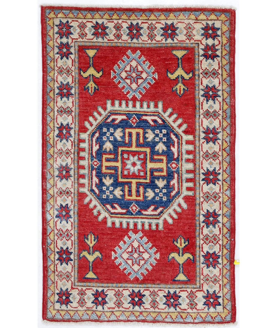Hand Knotted Tribal Kazak Wool Rug - 1'11'' x 3'0'' 1' 11" X 3' 0" ( 58 X 91 ) / Red / Ivory