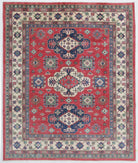 Hand Knotted Tribal Kazak Wool Rug - 8'0'' x 9'8'' 8' 0" X 9' 8" ( 244 X 295 ) / Red / Ivory
