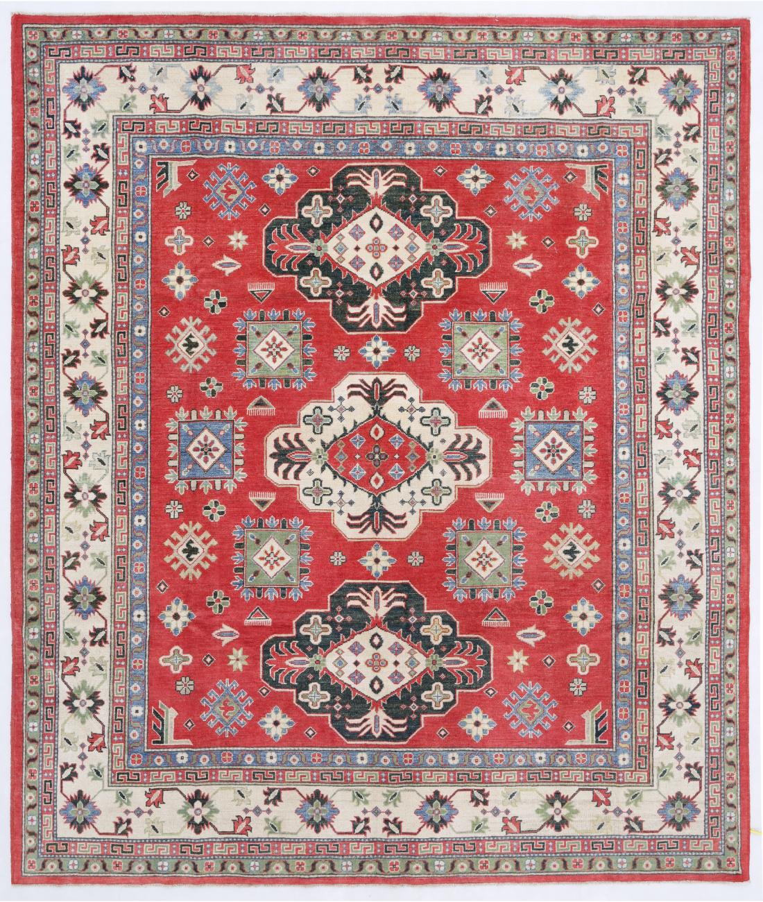 Hand Knotted Tribal Kazak Wool Rug - 8'2'' x 9'7'' 8' 2" X 9' 7" ( 249 X 292 ) / Red / Ivory