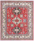 Hand Knotted Tribal Kazak Wool Rug - 8'2'' x 9'7'' 8' 2" X 9' 7" ( 249 X 292 ) / Red / Ivory