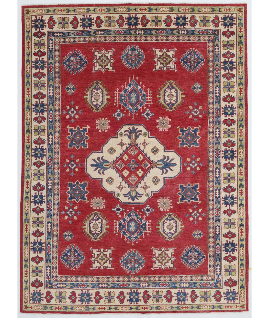 Hand Knotted Tribal Kazak Wool Rug - 6'2'' x 8'4'' 6' 2" X 8' 4" ( 188 X 254 ) / Red / Ivory