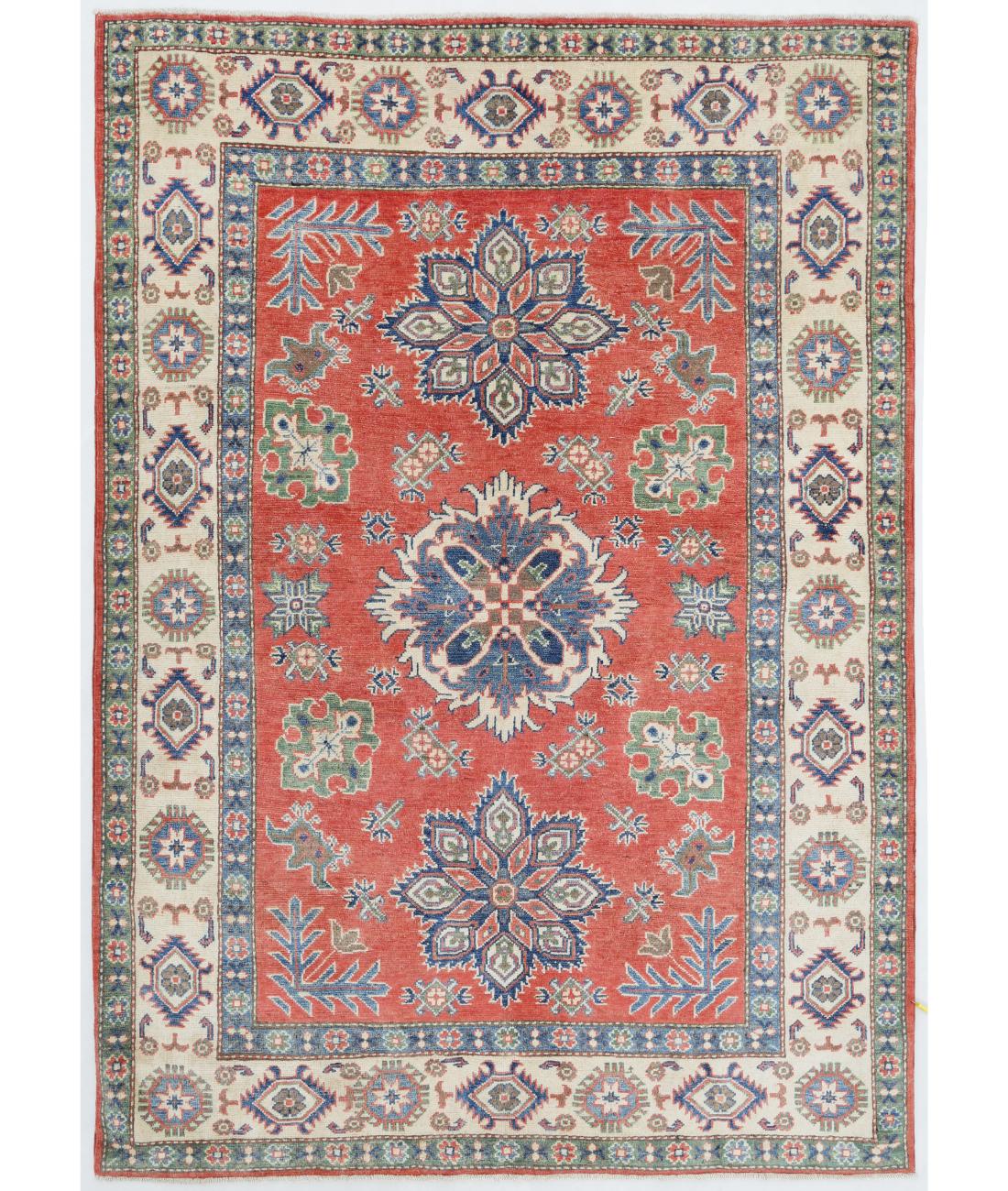 Hand Knotted Tribal Kazak Wool Rug - 5'0'' x 7'0'' 5' 0" X 7' 0" ( 152 X 213 ) / Red / Ivory