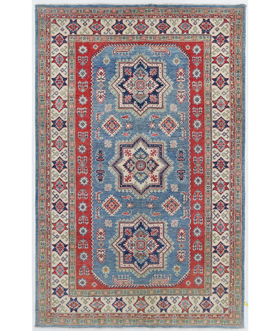 Hand Knotted Tribal Kazak Wool Rug - 4'10'' x 7'5'' 4' 10" X 7' 5" ( 147 X 226 ) / Blue / Ivory