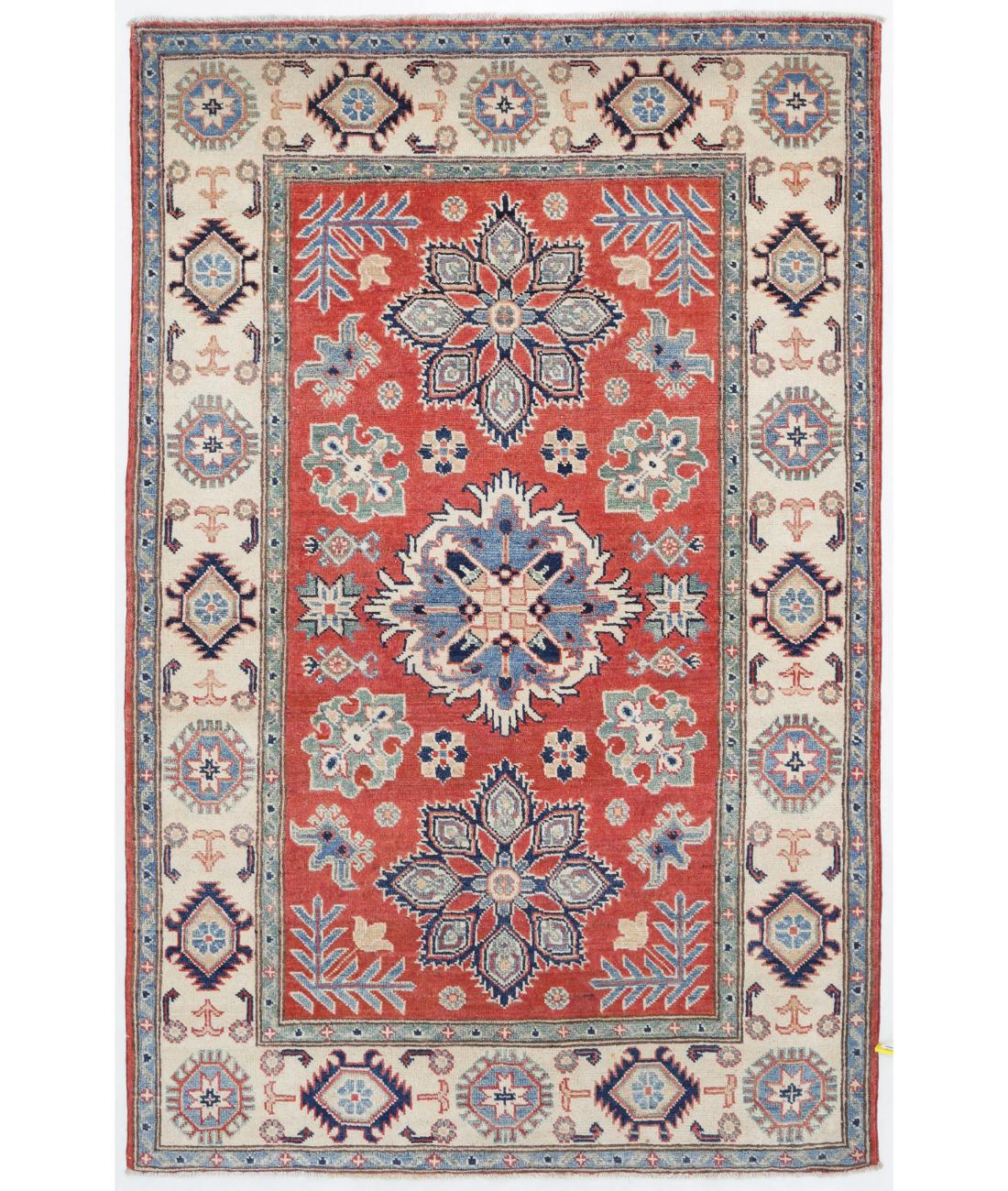 Hand Knotted Tribal Kazak Wool Rug - 3'9'' x 5'10'' 3' 9" X 5' 10" ( 114 X 178 ) / Red / Ivory
