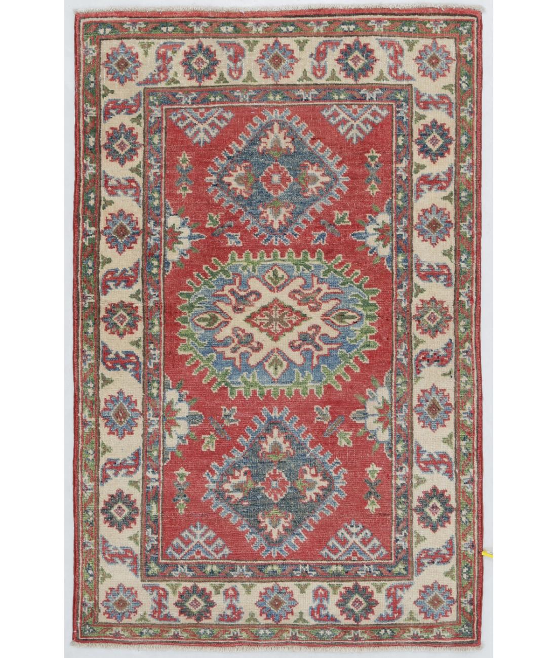Hand Knotted Tribal Kazak Wool Rug - 2'8'' x 4'2'' 2' 8" X 4' 2" ( 81 X 127 ) / Red / Ivory