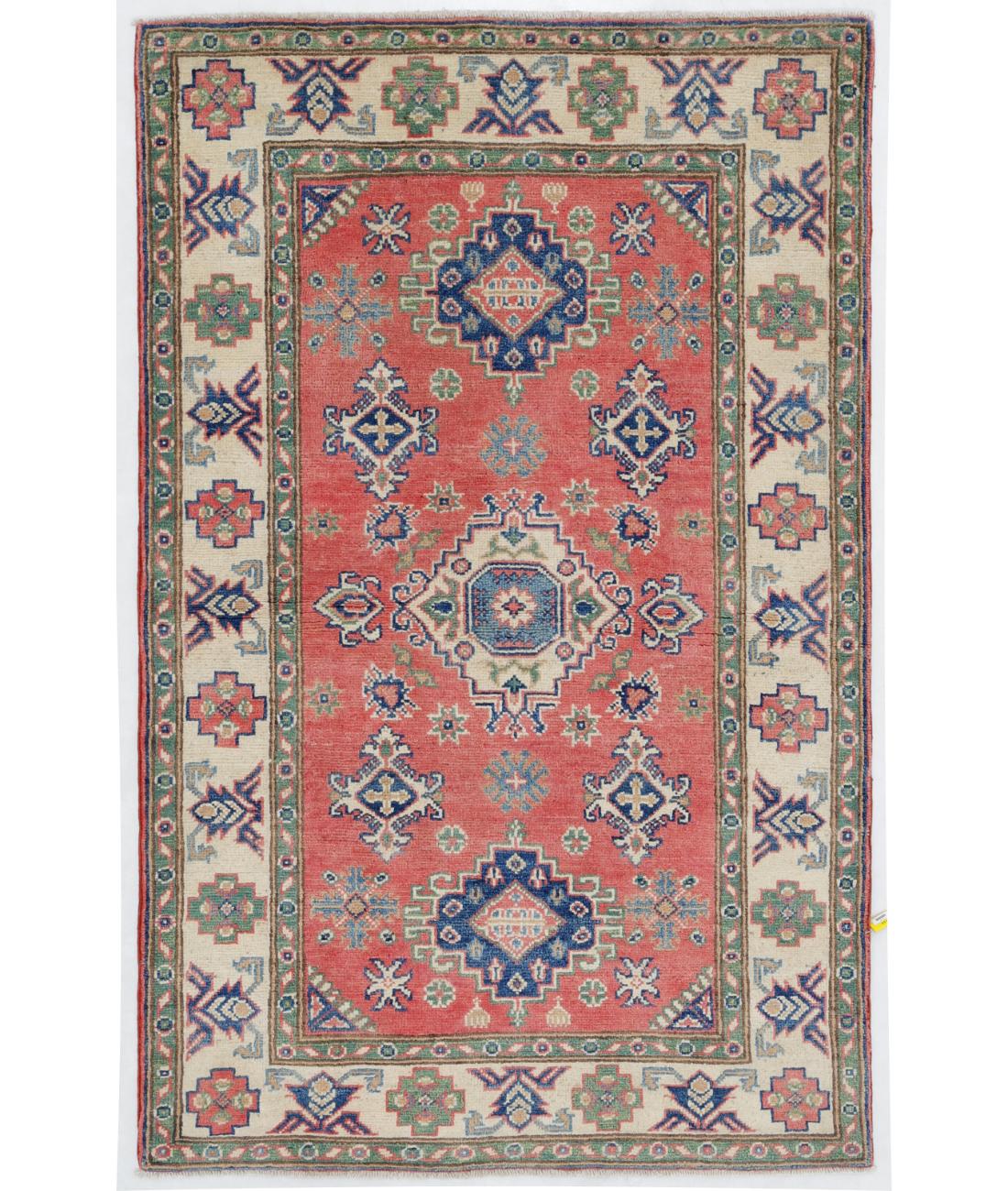 Hand Knotted Tribal Kazak Wool Rug - 3'1'' x 4'11'' 3' 1" X 4' 11" ( 94 X 150 ) / Red / Ivory