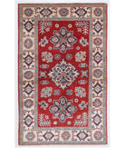 Hand Knotted Tribal Kazak Wool Rug - 3'0'' x 4'10'' 3' 0" X 4' 10" ( 91 X 147 ) / Red / Ivory