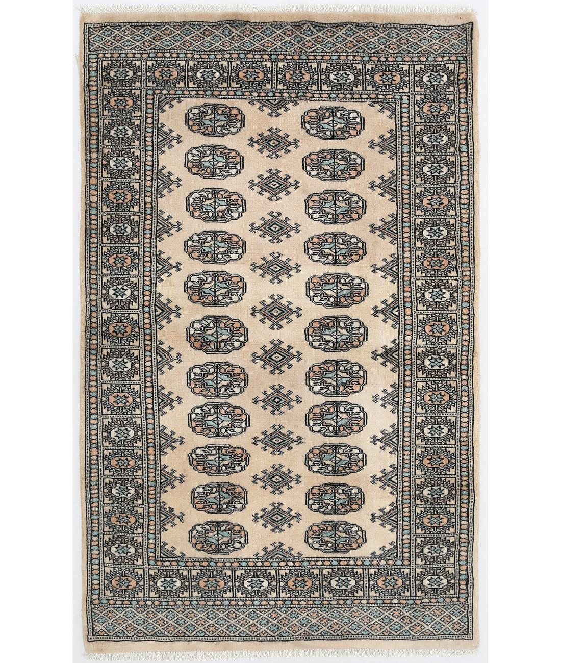 Hand Knotted Tribal Bokhara Wool Rug - 3'0'' x 4'10'' 3' 0" X 4' 10" ( 91 X 147 ) / Ivory / Blue
