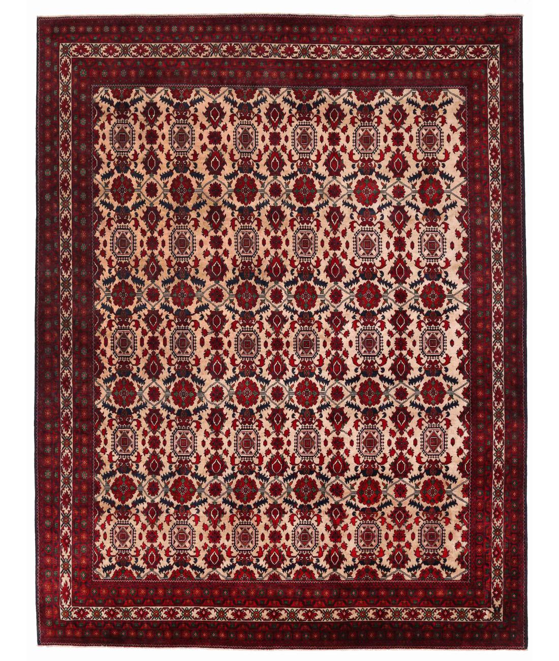 Hand Knotted Afghan Khamyab Wool Rug - 9'9'' x 12'9'' 9' 9" X 12' 9" ( 297 X 389 ) / Beige / Red