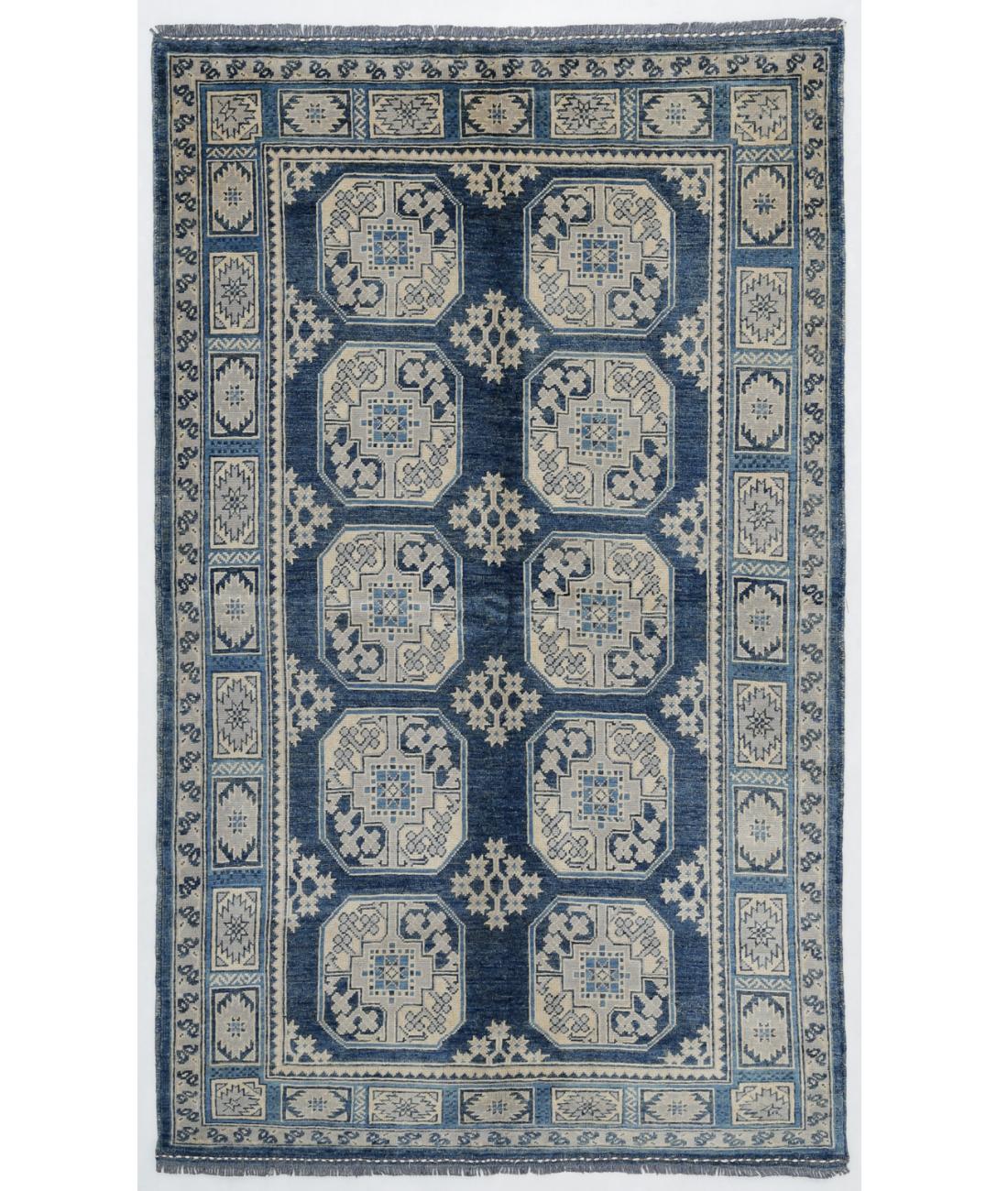 Hand Knotted Akcha Revival Wool Rug - 4'1'' x 7'1'' 4' 1" X 7' 1" ( 124 X 216 ) / Blue / Ivory