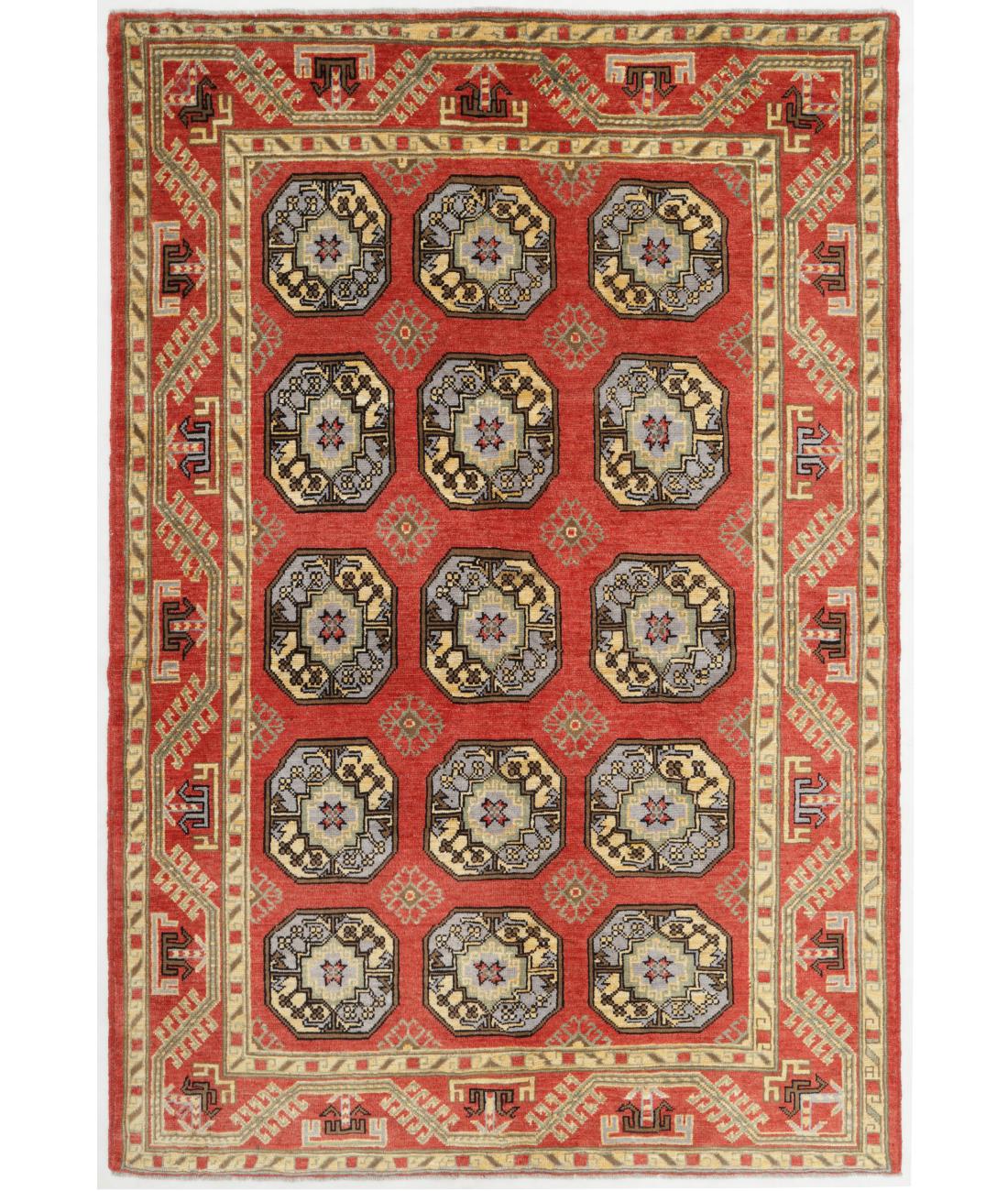 Hand Knotted Akcha Revival Wool Rug - 5'6'' x 8'3'' 5' 6" X 8' 3" ( 168 X 251 ) / Red / Beige