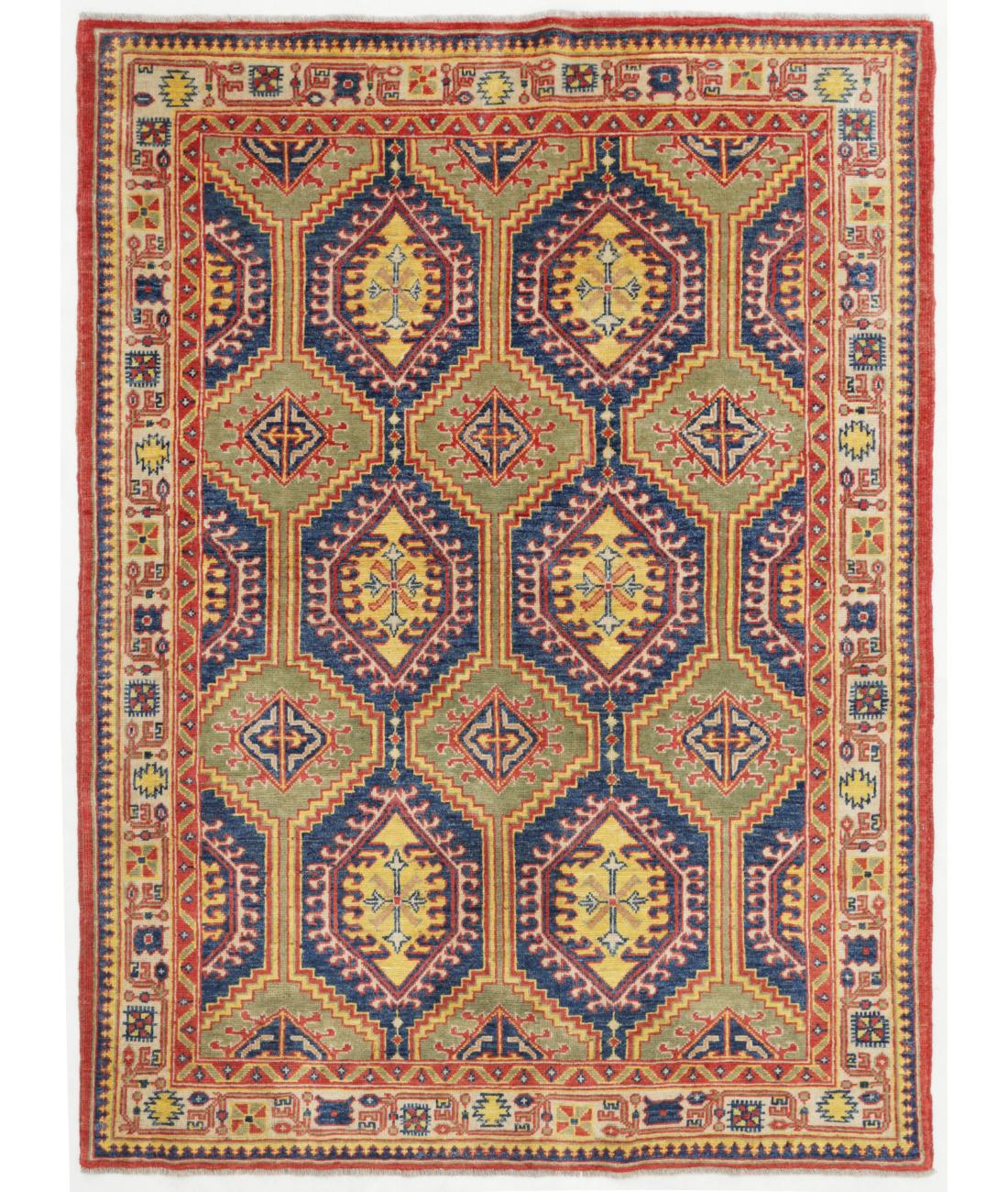 Hand Knotted Akcha Revival Wool Rug - 4'11'' x 6'7'' 4' 11" X 6' 7" ( 150 X 201 ) / Blue / Ivory