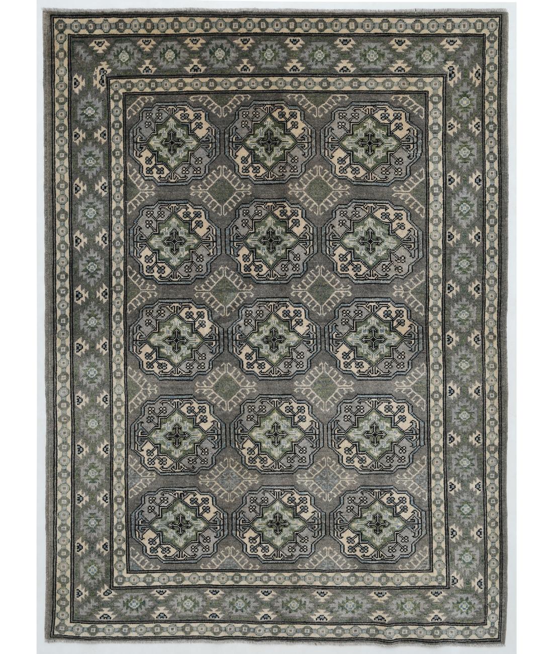 Hand Knotted Akcha Revival Wool Rug - 4'11'' x 6'9'' 4' 11" X 6' 9" ( 150 X 206 ) / Grey / Ivory