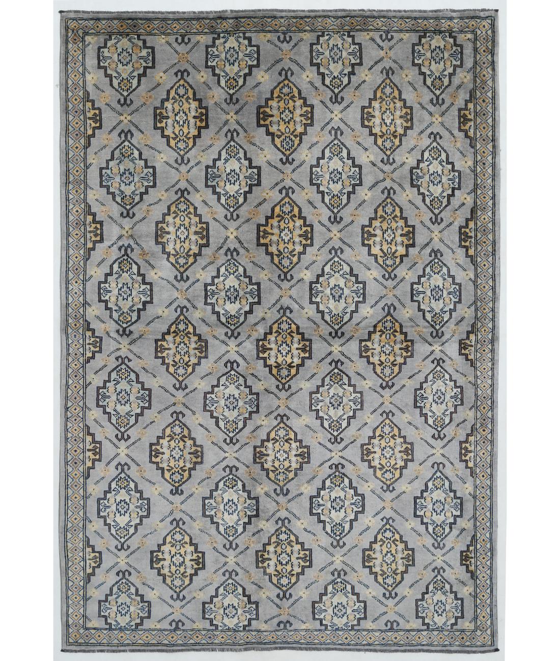 Hand Knotted Akcha Revival Wool Rug - 5'4'' x 7'9'' 5' 4" X 7' 9" ( 163 X 236 ) / Grey / Ivory
