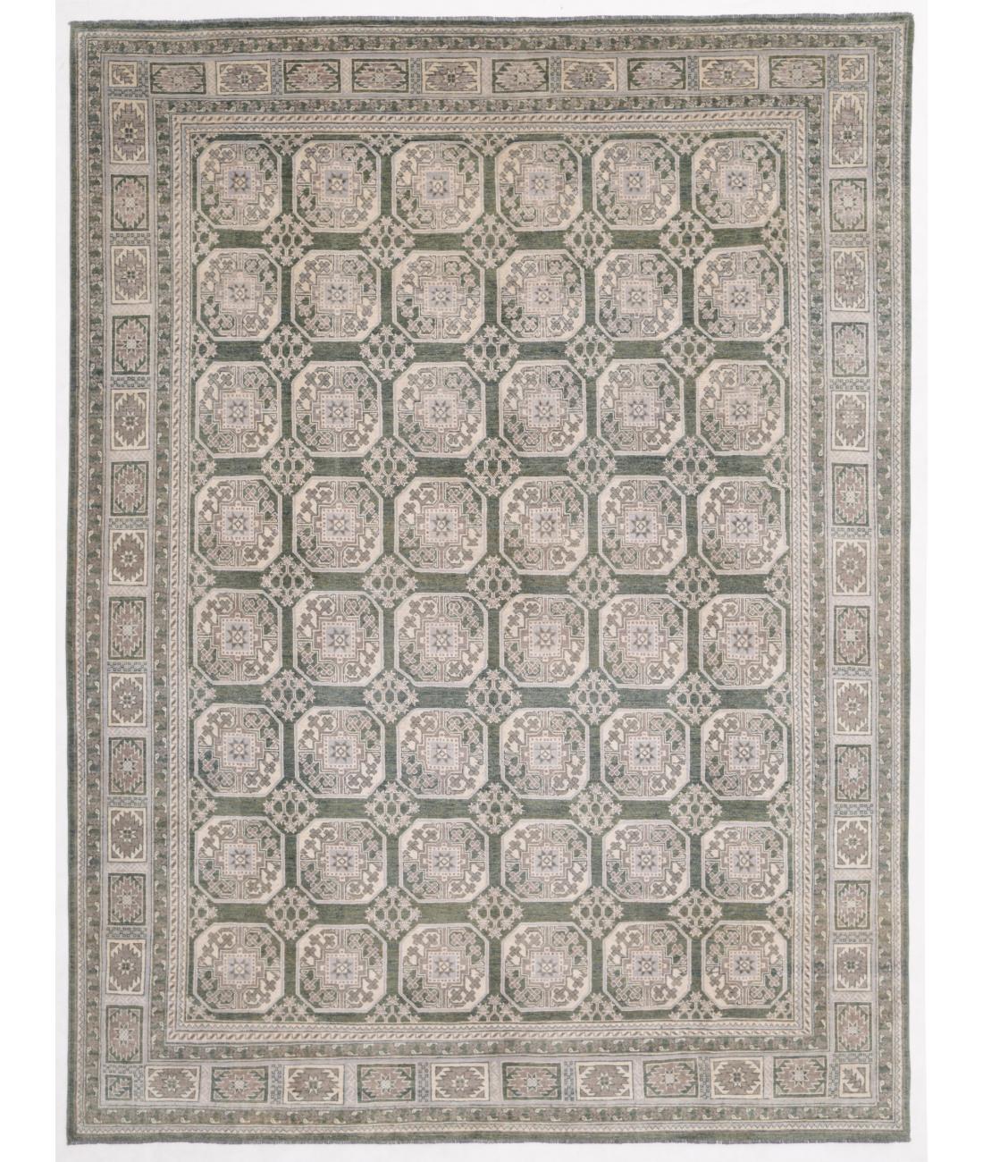 Hand Knotted Akcha Revival Wool Rug - 9'7'' x 12'11'' 9' 7" X 12' 11" ( 292 X 394 ) / Green / Ivory