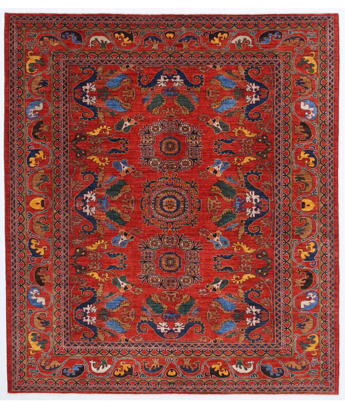 Hand Knotted Nomadic Caucasian Humna Wool Rug - 8'7'' x 9'9'' 8' 7" X 9' 9" ( 262 X 297 ) / Red / N/A