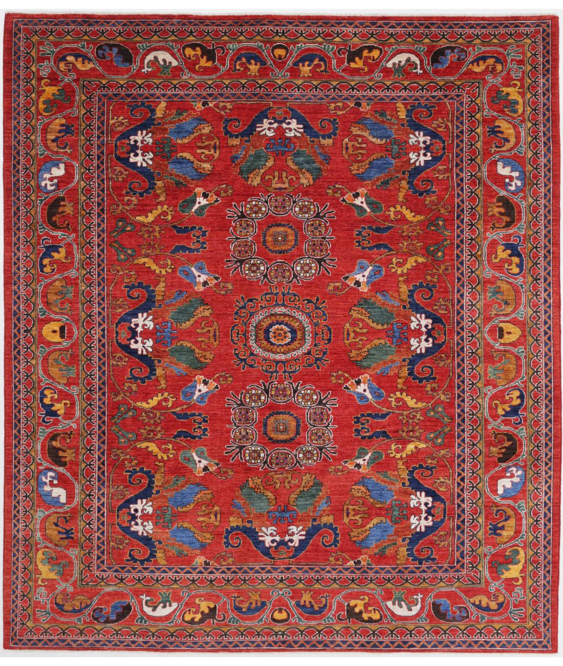 Hand Knotted Nomadic Caucasian Humna Wool Rug - 8'7'' x 9'9'' 8' 7" X 9' 9" ( 262 X 297 ) / Red / N/A