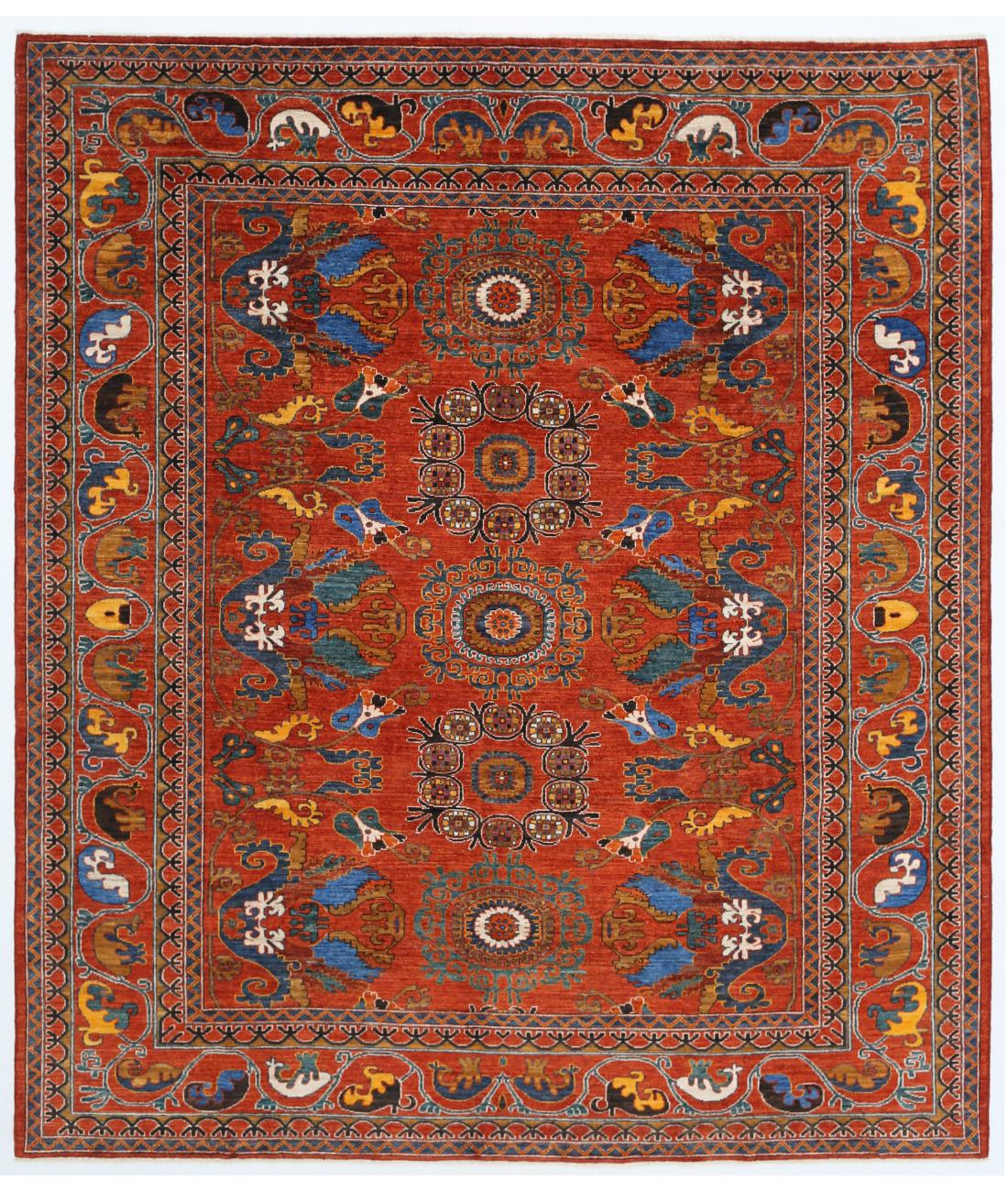 Hand Knotted Nomadic Caucasian Humna Wool Rug - 8'4'' x 9'8'' 8' 4" X 9' 8" ( 254 X 295 ) / Rust / Blue