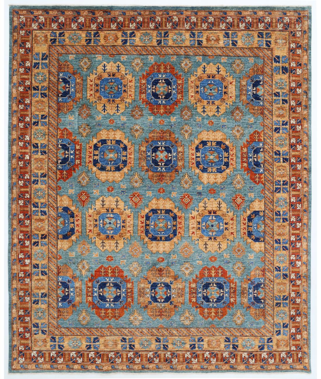 Hand Knotted Nomadic Caucasian Humna Wool Rug - 7'11'' x 9'9'' 7' 11" X 9' 9" ( 241 X 297 ) / Teal / Gold