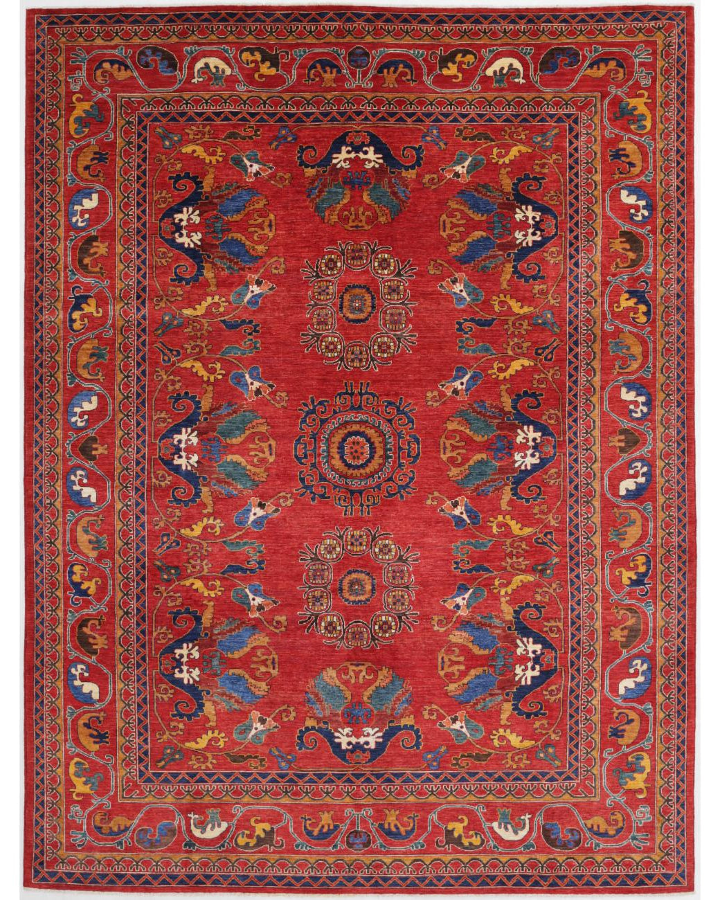 Hand Knotted Nomadic Caucasian Humna Wool Rug - 9'1'' x 12'0'' 9' 1" X 12' 0" ( 277 X 366 ) / Red / Blue