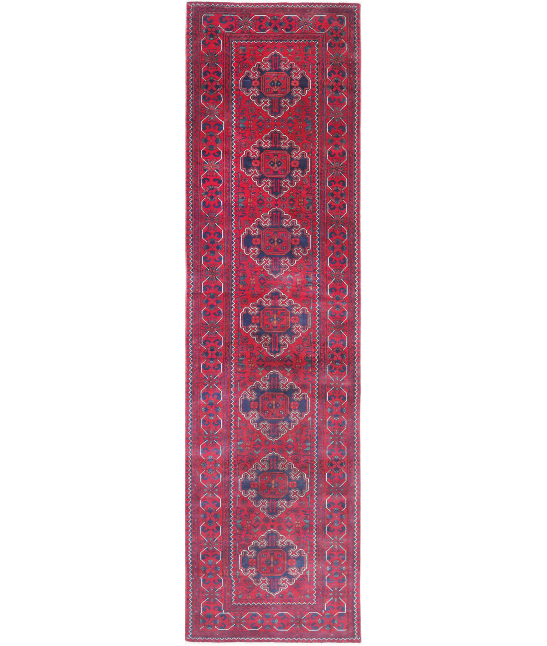 Afghan 2'6'' X 10'0'' Hand-Knotted Wool Rug 2'6'' x 10'0'' (75 X 300) / Red / Blue