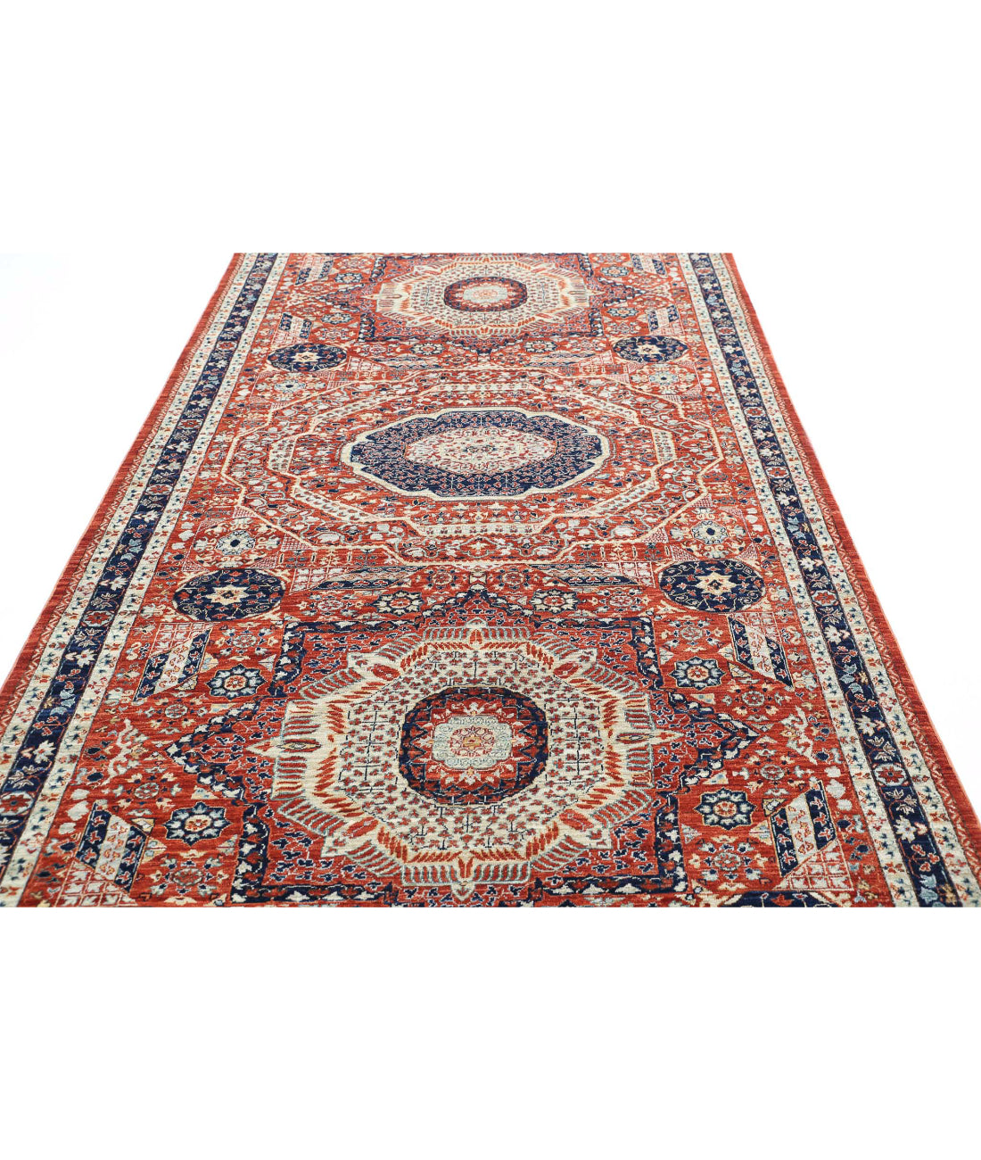 Mamluk 4'11'' X 10'9'' Hand-Knotted Wool Rug 4'11'' x 10'9'' (148 X 323) / Rust / Blue